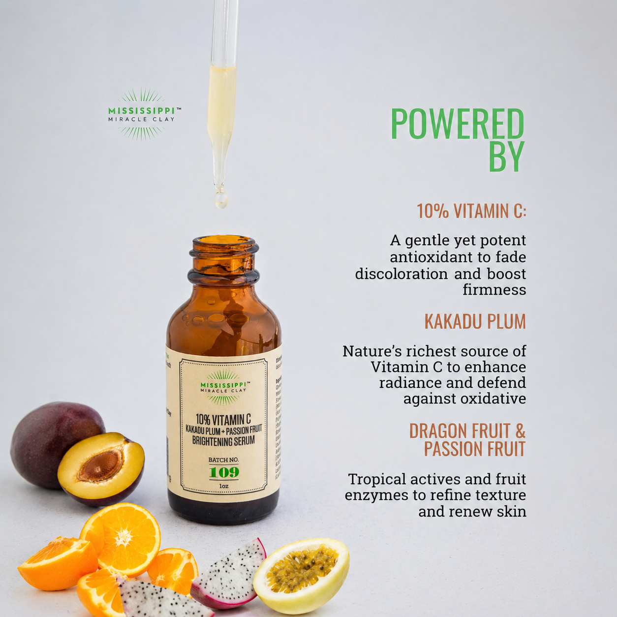 10% Vitamin C, Kakadu plum, and passion fruit brightening serum ingredients that fade discoloration, boost radiance, and refine skin texture