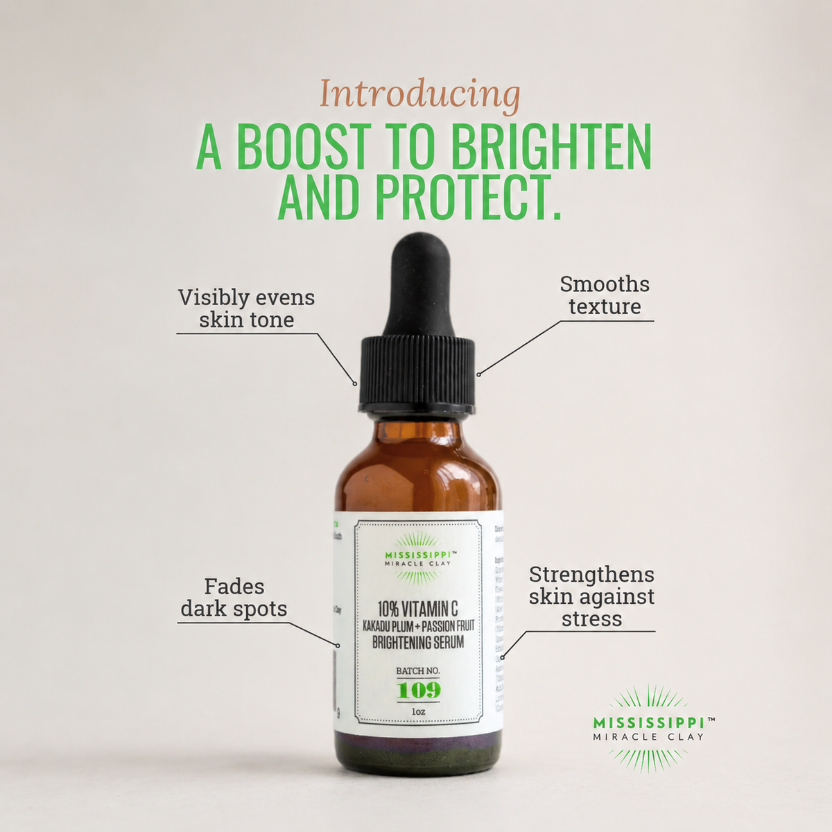 10% Vitamin C Kakadu Plum and Passion Fruit Brightening Serum that visibly evens skin tone, fades dark spots, and smooths texture