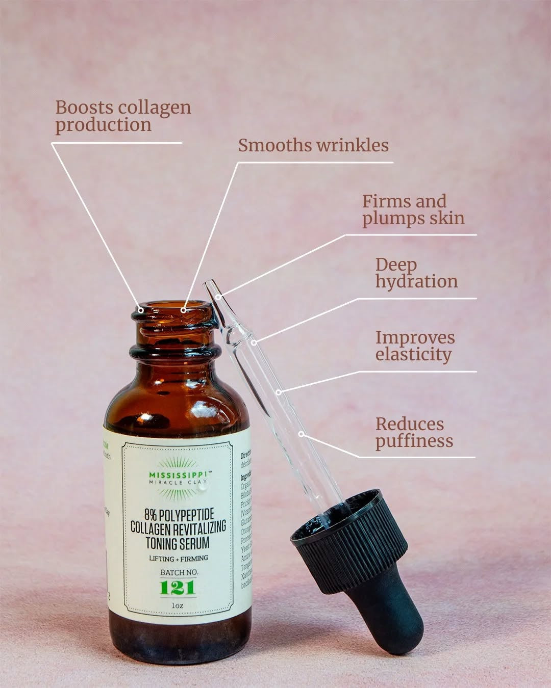 8% Polypeptide Collagen Toning Serum, showing benefits: boosts collagen, smooths wrinkles, firms and plumps skin