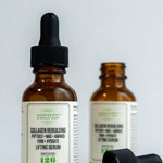 Collagen Rebuilding Firming Serum, two bottle sizes, on a soft studio surface
