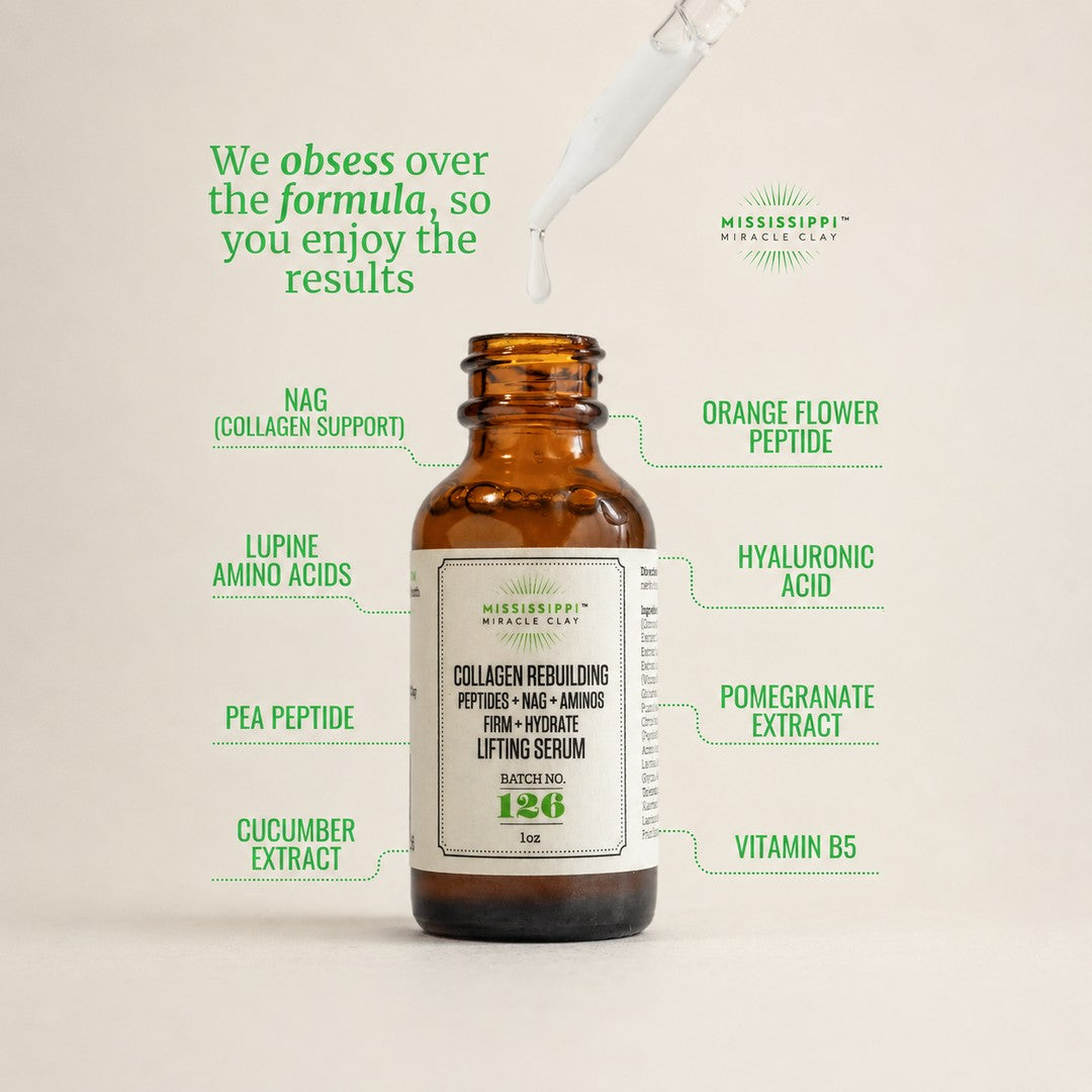 Collagen Rebuilding serum ingredient breakdown: NAG, lupine amino acids, pea peptide, cucumber, orange flower peptide, hyaluronic acid, pomegranate, vitamin B5