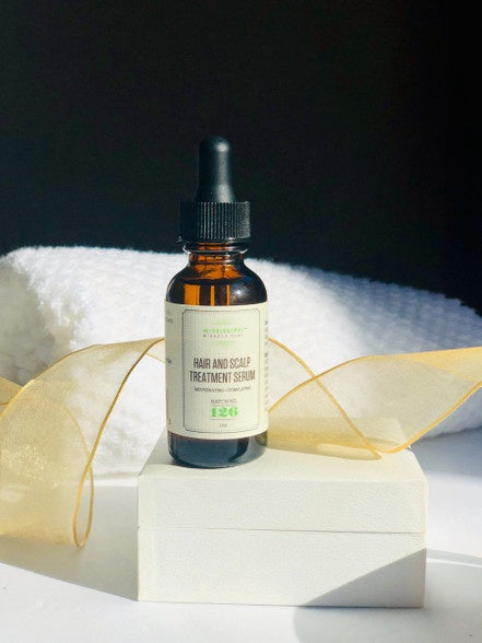 Hair and Scalp Treatment Serum on a white pedestal, a botanical scalp serum for fuller-looking hair