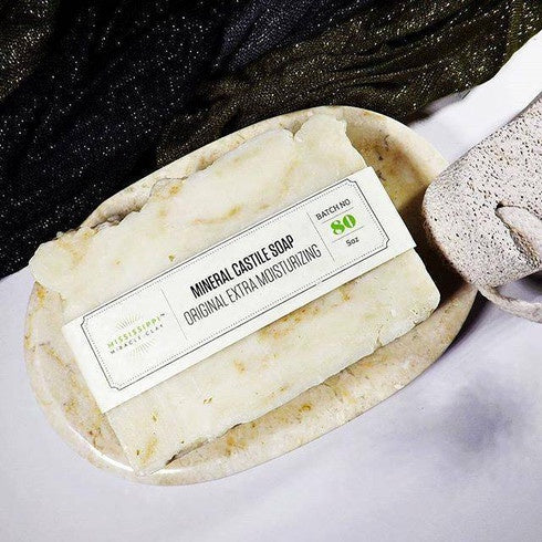 Unscented Mineral Castile Soap bar on a dish