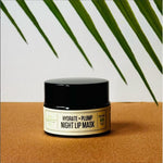 Night Lip Mask jar with a palm leaf